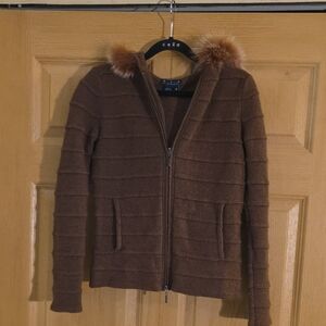 Magaschoni Brown Women's Zip Cashmere Wool Blend Sweater with Fur Trim Sz Med.‎